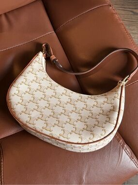 Celine Ava Triomphe Canvas Shoulder Bag Tan Leather Hobo Bag Authentic